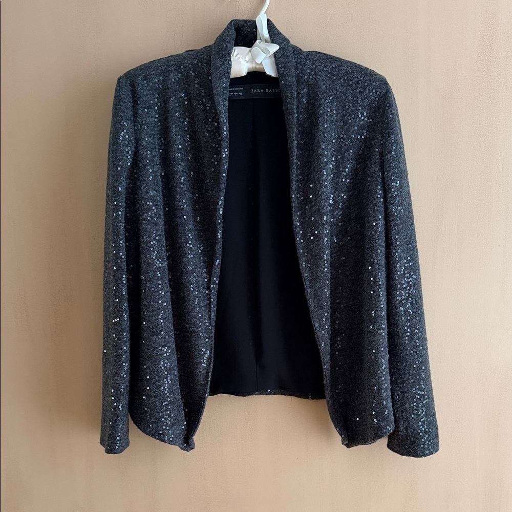 Zara Basic Black Sequin Open-Front Blazer